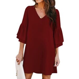 Belongsci Dark Red Bell Sleeve Dress